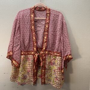 Coldwater Creek Women Floral 100% Silk Kimono L/XL Artsy Boho 3/4 Sleeve Indie